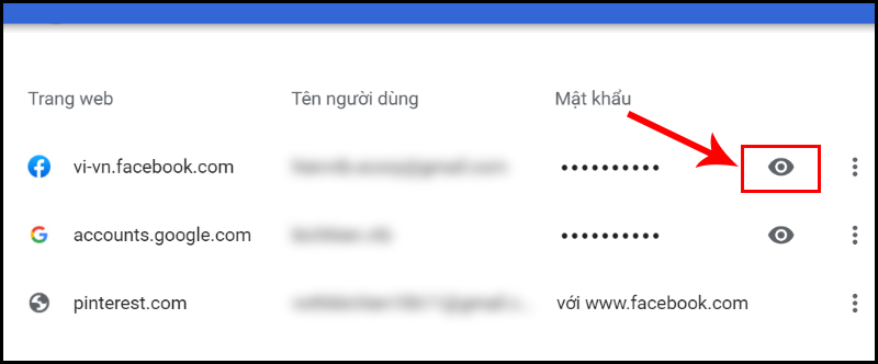 Chọn biểu tượng con mắt tại link bạn muốn xem mật khẩu